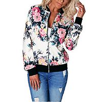 ladies zipper flowers printed bomber jacket pilots baseball coat outwear tops coat white de 46 Lightinthebox - thumbnail