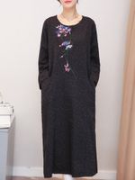 Vintage Embroidery Pockets Women Dresses