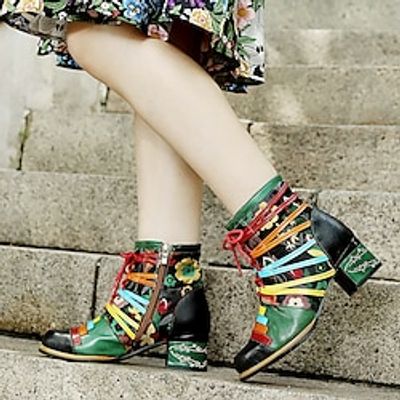 Women's Boots Lace Up Boots Handmade Shoes Vintage Shoes Christmas Daily Floral Color Block Booties Ankle Boots Winter Zipper Lace-up Chunky Heel Round Toe Vintage Casual Comfort Leather Polyester miniinthebox