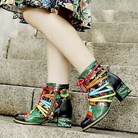 Women's Boots Lace Up Boots Handmade Shoes Vintage Shoes Christmas Daily Floral Color Block Booties Ankle Boots Winter Zipper Lace-up Chunky Heel Round Toe Vintage Casual Comfort Leather Polyester miniinthebox - thumbnail