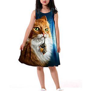 Kids Little Girls' Dress Cat Graphic Animal Print Navy Blue Asymmetrical Sleeveless 3D Print Cute Dresses Loose miniinthebox