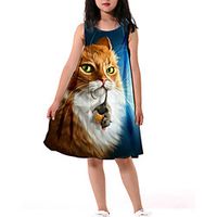 Kids Little Girls' Dress Cat Graphic Animal Print Navy Blue Asymmetrical Sleeveless 3D Print Cute Dresses Loose miniinthebox - thumbnail
