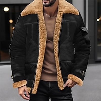 Men's Winter Coat Winter Jacket Shearling Coat Sherpa Jacket Outdoor Daily Wear Warm Fall Winter Plain Fashion Streetwear Lapel Regular Black Wine Brown Khaki Coffee Jacket Lightinthebox