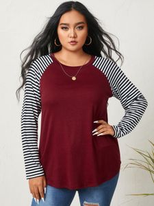 YOINS Plus Size Crew Neck Striped Patchwork Long Sleeves Tee