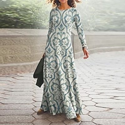 Women's Casual Dress Swing Dress Long Dress Maxi Dress Blue Long Sleeve Floral Pocket Print Winter Fall V Neck Vacation Casual Fall Dress 2022 S M L XL XXL 3XL / Winter Dress miniinthebox