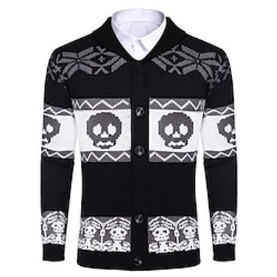 Skull Santa Claus Casual Men's Button Knitting Print Ugly Christmas Sweater Cardigan Sweater Halloween Cardigan Outdoor Daily Vacation Halloween Long Sleeve V Neck Sweaters Wine Black Fall Winter S M Lightinthebox