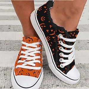 Women's Sneakers Canvas Shoes Animal Print Plus Size Canvas Shoes Halloween Daily Summer Lace-up Flat Heel Round Toe Casual Comfort Preppy Canvas Lace-up 3D Orange / Black Black Orange miniinthebox