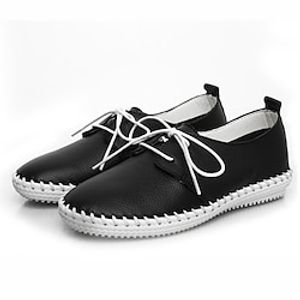 Women's Oxfords Lace-up Flat Heel Round Toe Casual Preppy Minimalism Daily Office Walking Shoes PU Leather Lace-up Fall Spring Solid Colored Black  White White  Silver White Lightinthebox