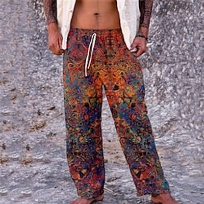 Men's Trousers Beach Pants Drawstring Elastic Waist 3D Print Abstract Graphic Prints Comfort Casual Daily Holiday Streetwear Designer Blue Orange Lightinthebox