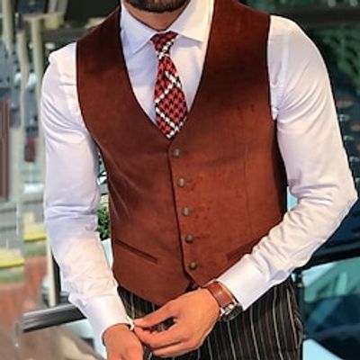 Men's Vest Waistcoat Daily Wear Vacation Going out Fashion Basic Spring   Fall Button Polyester Comfortable Plain Single Breasted V Neck Regular Fit Black Coffee Vest Lightinthebox