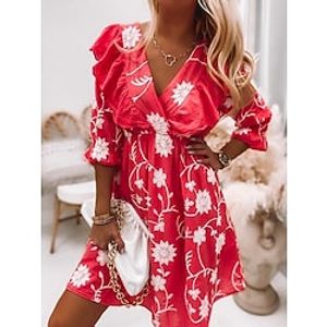 Women's Casual Dress Floral Dress Print Dress Floral Ruffle Print V Neck Mini Dress Fashion Streetwear Outdoor Daily 34 Length Sleeve Regular Fit Red Spring Summer S M L XL XXL Lightinthebox