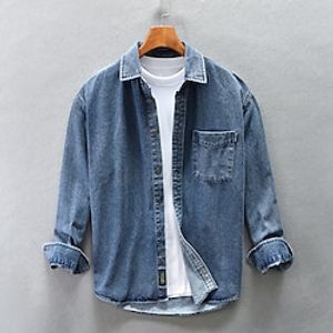 Men's Shirt Jeans Shirt Denim Shirt Casual Shirt Black Blue Gray Long Sleeve Plain Lapel Street Vacation Pocket Clothing Apparel Fashion Leisure Hawaiian miniinthebox