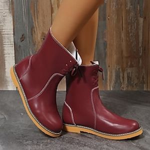 Women's Sneakers Boots Biker boots Plus Size Outdoor Office Work Booties Ankle Boots Flat Heel Round Toe Elegant Fashion Sporty Faux Leather Lace-up Black Red Blue miniinthebox