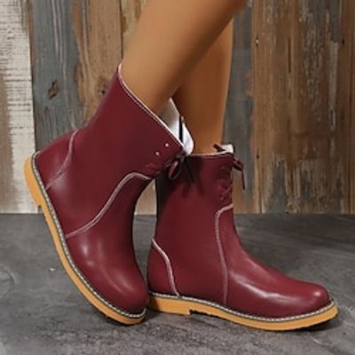 Women's Sneakers Boots Biker boots Plus Size Outdoor Office Work Booties Ankle Boots Flat Heel Round Toe Elegant Fashion Sporty Faux Leather Lace-up Black Red Blue miniinthebox