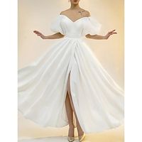 Casual Wedding Dresses A-Line Off Shoulder Short Sleeve Ankle Length Satin Bridal Gowns With Pleats Split Front 2023 Lightinthebox - thumbnail