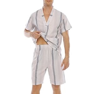 Men's Loungewear Pajama Set Pajama Top and Shorts 1 set Stripe Stylish Casual Comfort Home Daily Bed Cotton Comfort Soft V Neck Short Sleeve T shirt Tee Shorts Pocket Spring Summer White Blue Lightinthebox