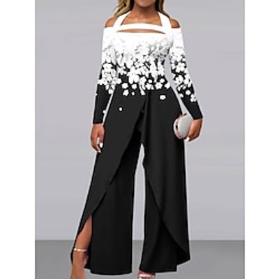 Women's Jumpsuit Print Floral Off Shoulder Elegant Party Holiday Wide Leg Regular Fit Long Sleeve Black White Blue S M L All Seasons Lightinthebox Women's Jumpsuit Print Floral Off Shoulder Elegant Party Holiday Wide Leg Regular Fit Long Sleeve Black White Blue S M L All Seasons Lightinthebox