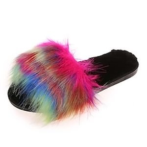 Women's Slippers Fuzzy Slippers Fluffy Slippers Plus Size House Slippers Winter Feather Flat Heel Peep Toe Faux Fur Loafer Purple Orange Red Lightinthebox
