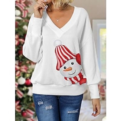 Women's Christmas Sweater Pullover Sweater Jumper V Neck Crochet Knit Print Drop Shoulder Fall Winter Regular Christmas Stylish Casual Soft Long Sleeve Santa Claus Snowman White Wine S M L miniinthebox