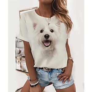 Women's T shirt Dog 3D Animal Print Round Neck Tops Basic Basic Top White Yellow Gray miniinthebox