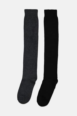 Womens 2 Pairs Knee Socks  Grey/Black