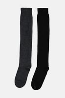 Womens 2 Pairs Knee Socks  Grey/Black - thumbnail