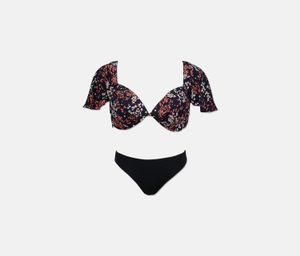 Womens 2 Piece Printed Cap-Sleeve Open-Back Bikini Set  Navy/ Black
