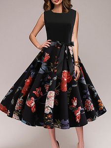 Round Neck Bowknot Patchwork Floral Printed Skater Dress