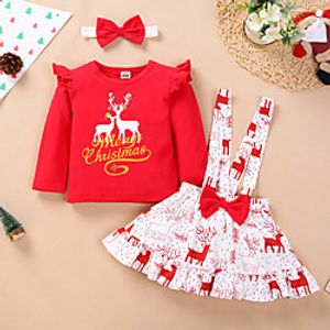3 Pieces Baby Girls' Fashion Casual / Daily Deer Animal Bow Print Long Sleeve Regular Clothing Set Red miniinthebox