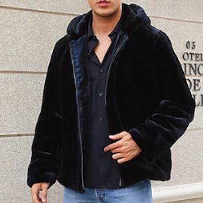 Men's Winter Coat Coral Fleece Outdoor Daily Wear Warm Zipper Pocket Fall Winter Plain Fashion Streetwear Hooded Regular Black Jacket Lightinthebox