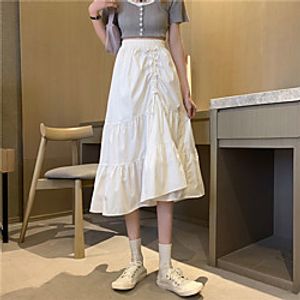 Women's Date Weekend Basic Streetwear Swing Calf-Length Skirts Solid Colored Drawstring Ruffle White Black / Asymmetrical / Loose miniinthebox