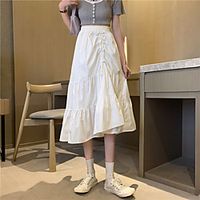 Women's Date Weekend Basic Streetwear Swing Calf-Length Skirts Solid Colored Drawstring Ruffle White Black / Asymmetrical / Loose miniinthebox - thumbnail