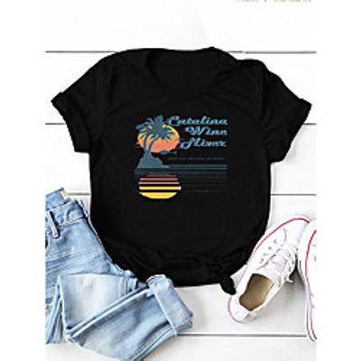 Women's T shirt Plants Graphic Scenery Print Round Neck Basic Tops Cotton Black Dark Gray Light Green Lightinthebox