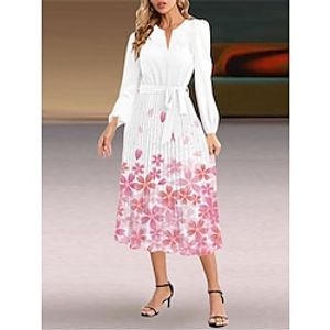 Women's Casual Dress Swing Dress A Line Dress Floral Lace up Pleated Split Neck Midi Dress Fashion Elegant Outdoor Daily Long Sleeve Regular Fit Pink Spring Fall S M L XL XXL Lightinthebox