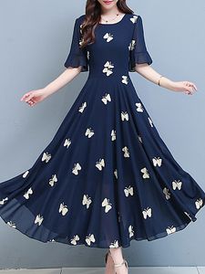 Round Neck Chiffon Printed Oversized Maxi Dress