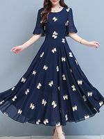 Round Neck Chiffon Printed Oversized Maxi Dress - thumbnail