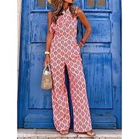 Women's Jumpsuit Ruffle Pocket Geometric One Shoulder Streetwear Street Daily Regular Fit Sleeveless Fuchsia S M L Fall miniinthebox - thumbnail