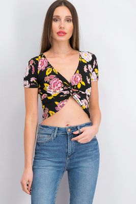 Womens Short Sleeve Floral Crop Top Black/Yellow Womens Short Sleeve Floral Crop Top Black/Yellow