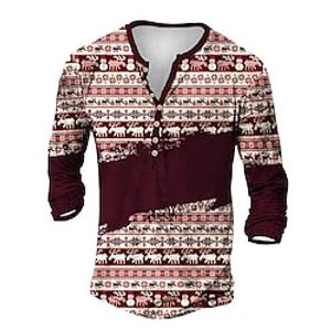 Men's Henley Shirt T shirt Tee Tee Graphic Elk Henley Red 3D Print Outdoor Christmas Long Sleeve Button-Down Print Clothing Apparel Basic Designer Classic Comfortable miniinthebox