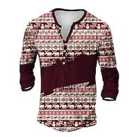 Men's Henley Shirt T shirt Tee Tee Graphic Elk Henley Red 3D Print Outdoor Christmas Long Sleeve Button-Down Print Clothing Apparel Basic Designer Classic Comfortable miniinthebox - thumbnail
