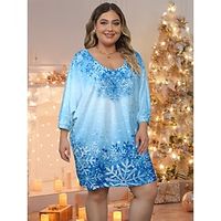 Women's Plus Size Curve Christmas Dress Casual Dress A Line Dress Snowflake Mini Dress Long Sleeve Print V Neck Fashion Outdoor Yellow Red Fall Winter S M L XL XXL Lightinthebox - thumbnail