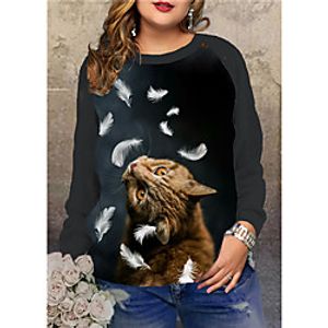 Women's Plus Size Tops Pullover Sweatshirt Cat Graphic Animal Print Long Sleeve Crewneck Streetwear Fall Winter Blue Dark Gray Big Size XL XXL 3XL 4XL 5XL Lightinthebox