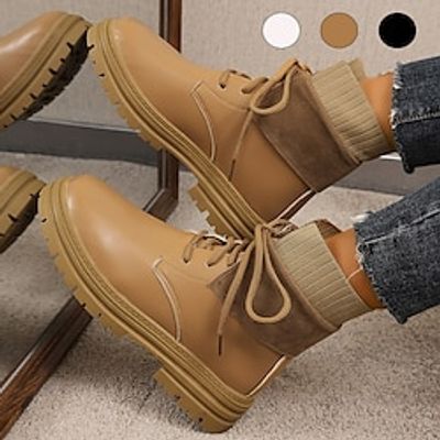 Women's Boots Combat Boots Plus Size Comfort Shoes Daily Booties Ankle Boots Flat Heel Classic Comfort Minimalism Faux Leather Lace-up Black Brown Beige miniinthebox