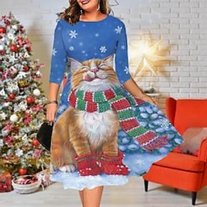 Women's Plus Size Christmas Work Dress Snowman Round Neck Print 34 Length Sleeve Winter Fall Stylish Midi Dress Vacation Dress Lightinthebox