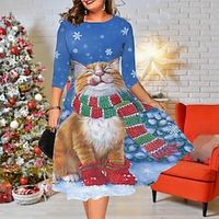 Women's Plus Size Christmas Work Dress Snowman Round Neck Print 34 Length Sleeve Winter Fall Stylish Midi Dress Vacation Dress Lightinthebox - thumbnail