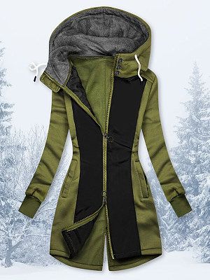 Fall/Winter Color Block Hooded Mid-length Jacket