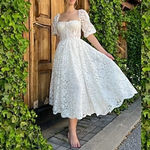 Bridal Shower Little White Dresses Wedding Dresses Tea Length A-Line Half Sleeve Square Lace With Appliques Solid Color 2023 Bridal Gowns Lightinthebox