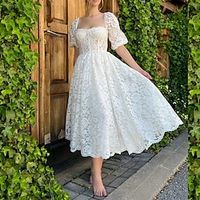 Bridal Shower Little White Dresses Wedding Dresses Tea Length A-Line Half Sleeve Square Lace With Appliques Solid Color 2023 Bridal Gowns Lightinthebox - thumbnail