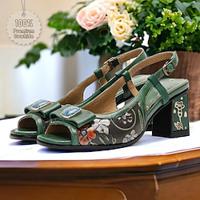 Women's Heels Sandals Vintage Shoes Party Bowknot Block Heel Fantasy Heel Slingback Heel Peep Toe Elegant Vintage Cowhide Green Lightinthebox