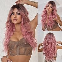 Pink Wig for Women Long Ombre Brown to Pink Wavy Curly Synthetic Wigs with Bangs Middle Part Dark Roots Layered Hair with Bangs for Girls Cosplay Party Halloween Christmas Daily 26In Lightinthebox